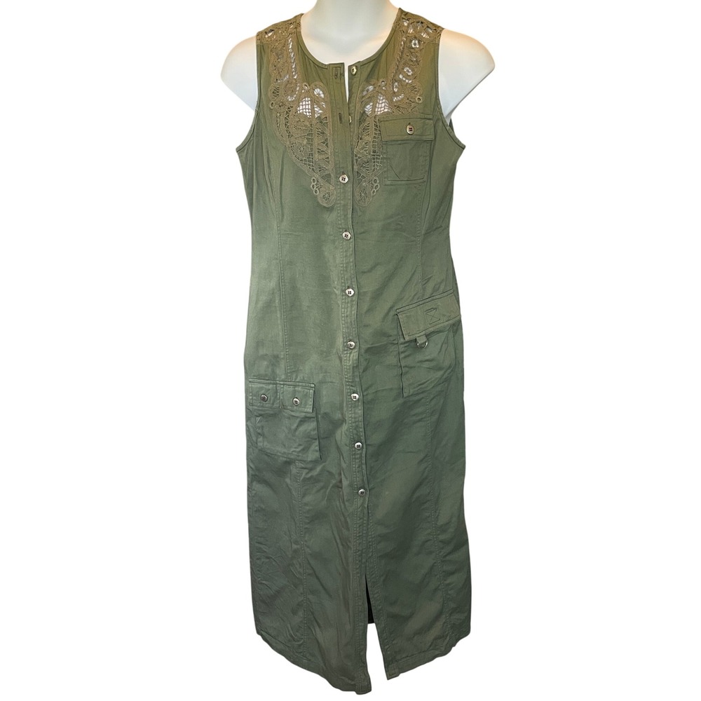 Womens VTG 90s Safari Dress Crochet Lace Trim Button Maxi Size 16 Utility Olive‎